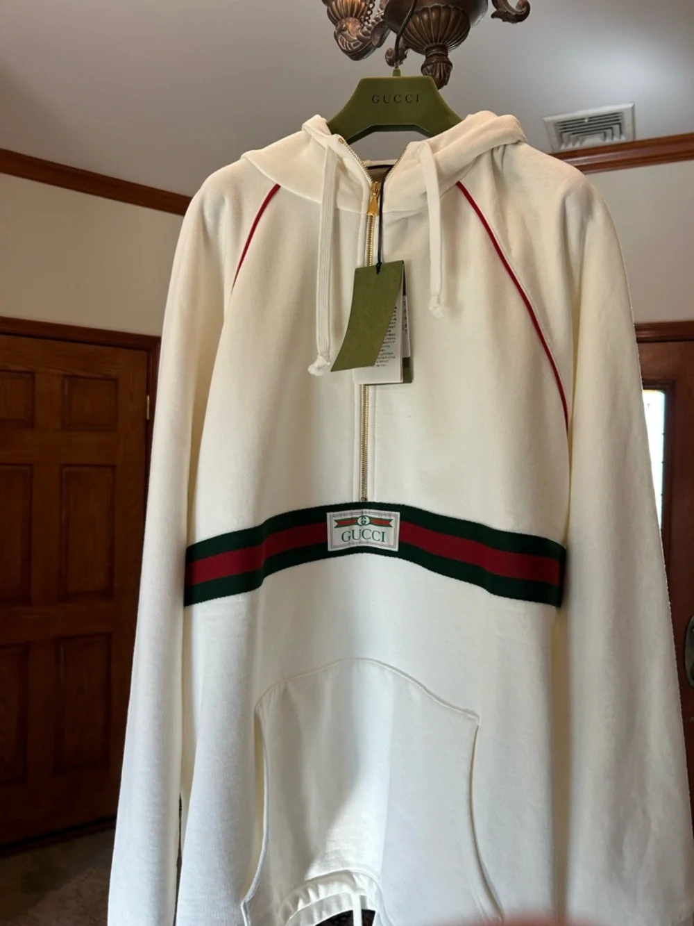 Men's Gucci cotton half zip hoodie signature green/red web trim gold size XXL